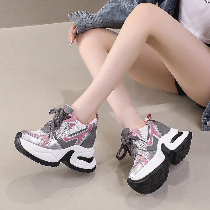 Fashion 2025 New Ladies Shoes Mesh Women's Vulcanize Shoes Mixed Colors Breathable Women Sneakers Increase Height Lace Up Casual Shoes