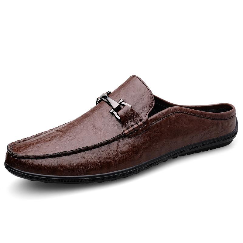 Half-drag casual men's casual shoes service men's casual leather shoes fashion soft sole one pedal lazy black