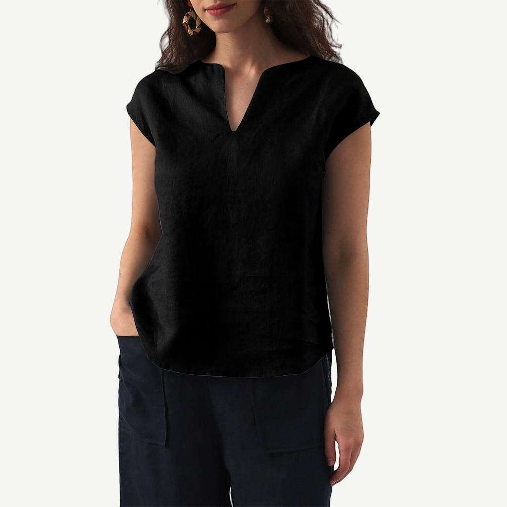 Women's Fashion Casual Cotton Linen V-Neck Cover Sleeve Solid Color Shirt T-Shirt Top