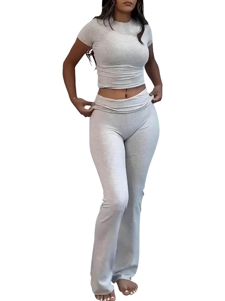 Women's Casual Workout Two-piece Set - Round Neck T-shirt & Low-waisted Flared Pants