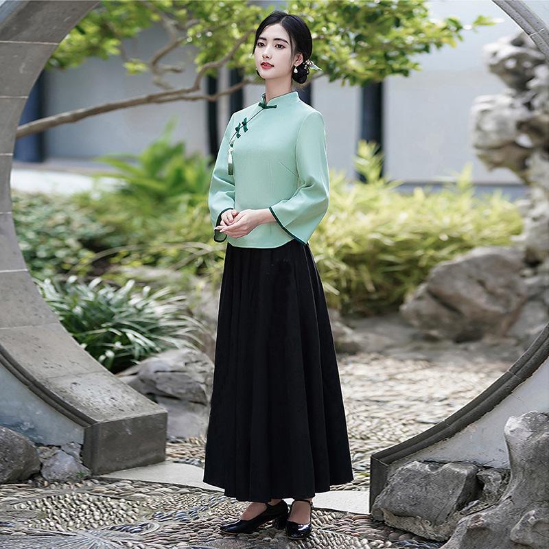 Women's Two-piece Outfit Three Quarter Sleeve Blouse High Waist Pantsuit Vintage Chinese Style Casual Set