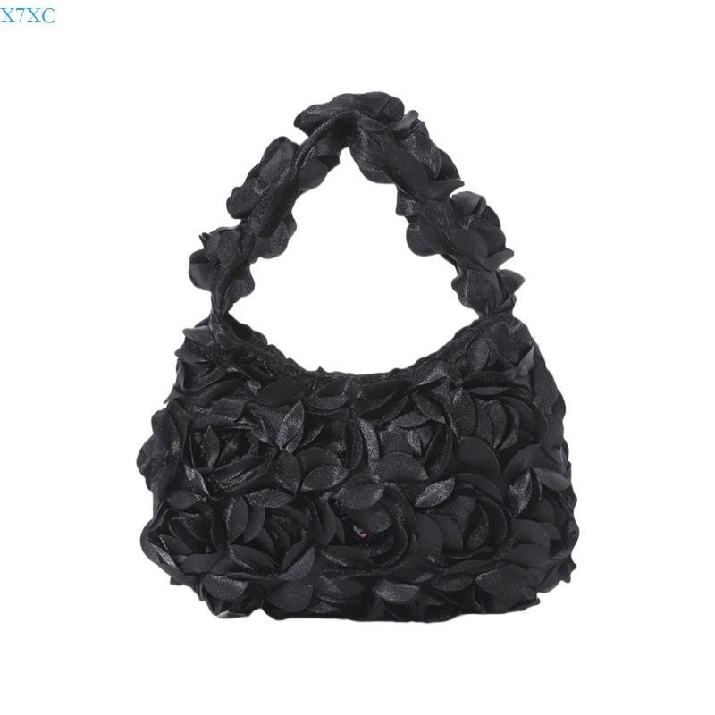 

X7XC Fashionable Women s 3D Rose Flower Clutch Handbag Satins Sqequins Small Evening Purse for Weddings and Cocktail Parties чёрный