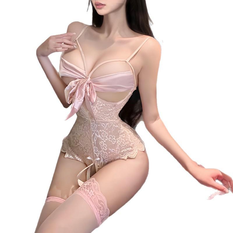 Lace Open Crotch Bodysuit with Bondage Straps - Women's Passionate Bedtime Wear 7042