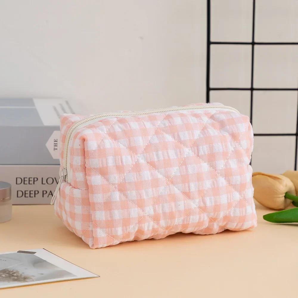 Solid Color Plaid Makeup Bag Travel Cosmetic Pouch Large Soft Cosmetic Organizer Pouch, Zipper Make Up Organizer Toiletry Bags