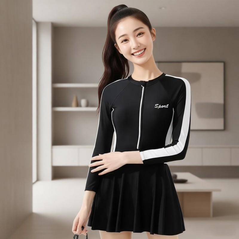 Large Size Skirt Long-sleeved One-piece Swimsuit Female Fat Sister 160kg Boxer Pants Conservative Sports Student Casual