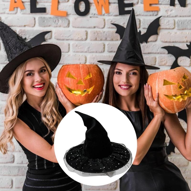 Black Velvets Witch Hat With Golden Star Elegant Curved Border Halloween Hat for Women Men Kids