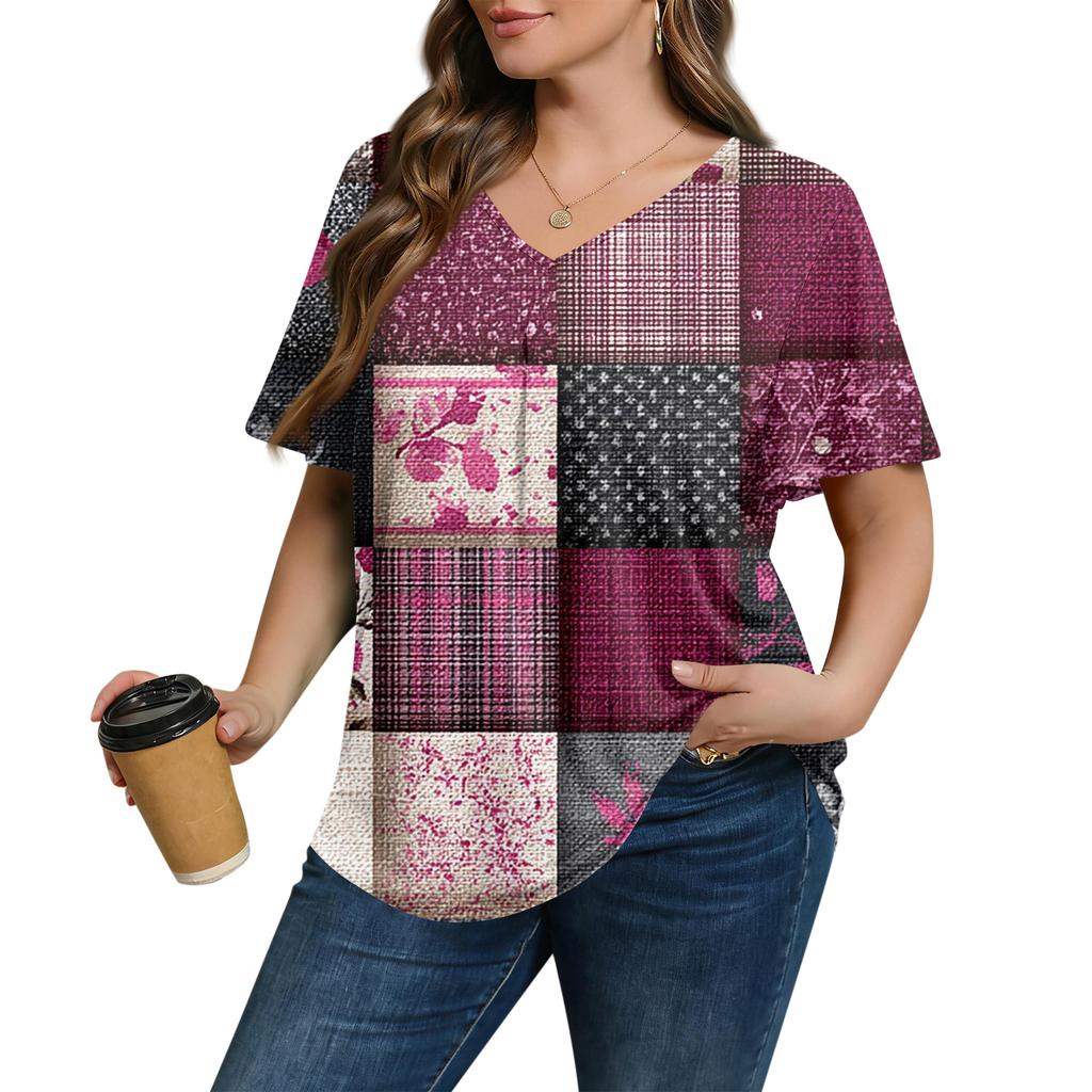 Women's Plus Size Fashionable Casual Loose-Fit Short Sleeve Elegant V Neck Blouse For Work