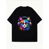 White Oversized T Shirt With Colorful Cat Wearing Headphones And Sunglasses Print For Casual Wear