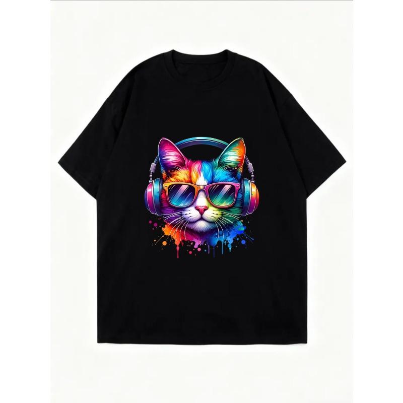 White Oversized T Shirt With Colorful Cat Wearing Headphones And Sunglasses Print For Casual Wear