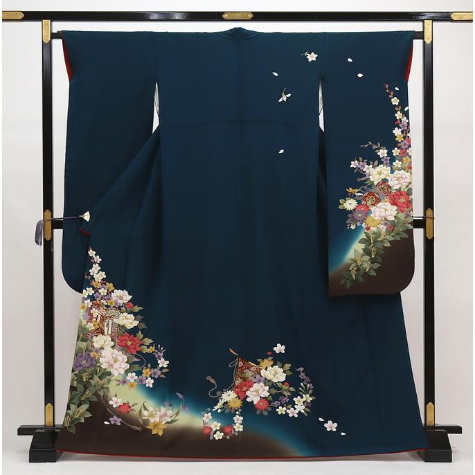 

[Small size] Furisode [Used item] Blue-greenbrown flower carriage Pure silk [Condition rank B] Simple furisode