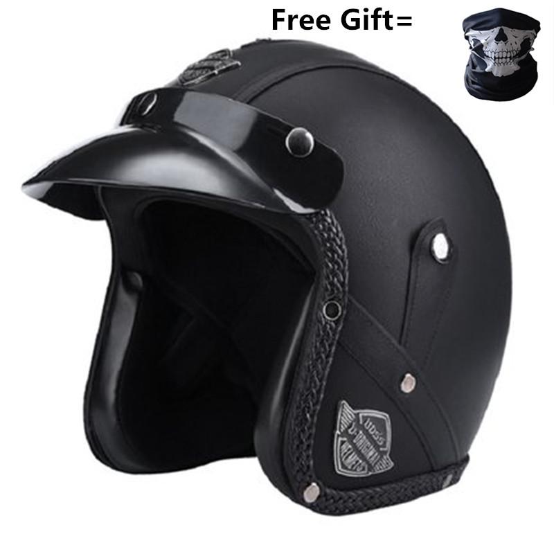 Retro Vintage Helmet Motorcycle 3/4 Open Face DOT approved visor PU leather Casco Moto Helmet Motocross helmets With Goggle Mask