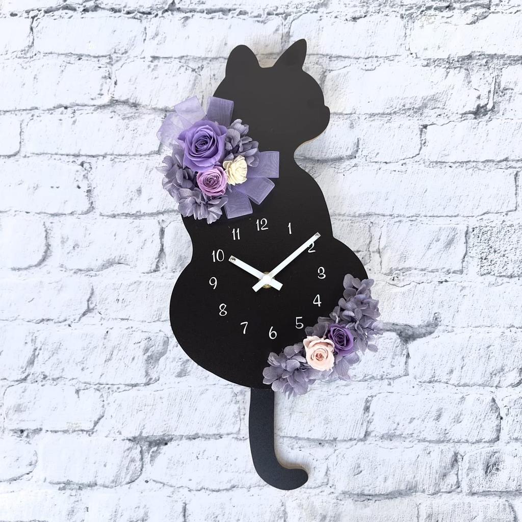 Kuroneko Flower Pendulum Wall Cat Preserved W172 X D45 X Lulu's Clock, Purple, Clock, Design, Flowers, Size H400mm, Purple, Lulu's-0660