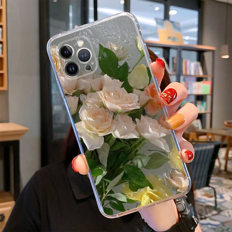 Husa de telefon roz cu flori pentru iPhone 14 13 12 11 Pro Max XS X XR SE 2020 6 7 8 Plus Mini carcasa transparenta