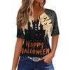 Women Casual V Neck Short Sleeve Button T Shirt Halloween Print Top Lightweight Comfortable Fit
