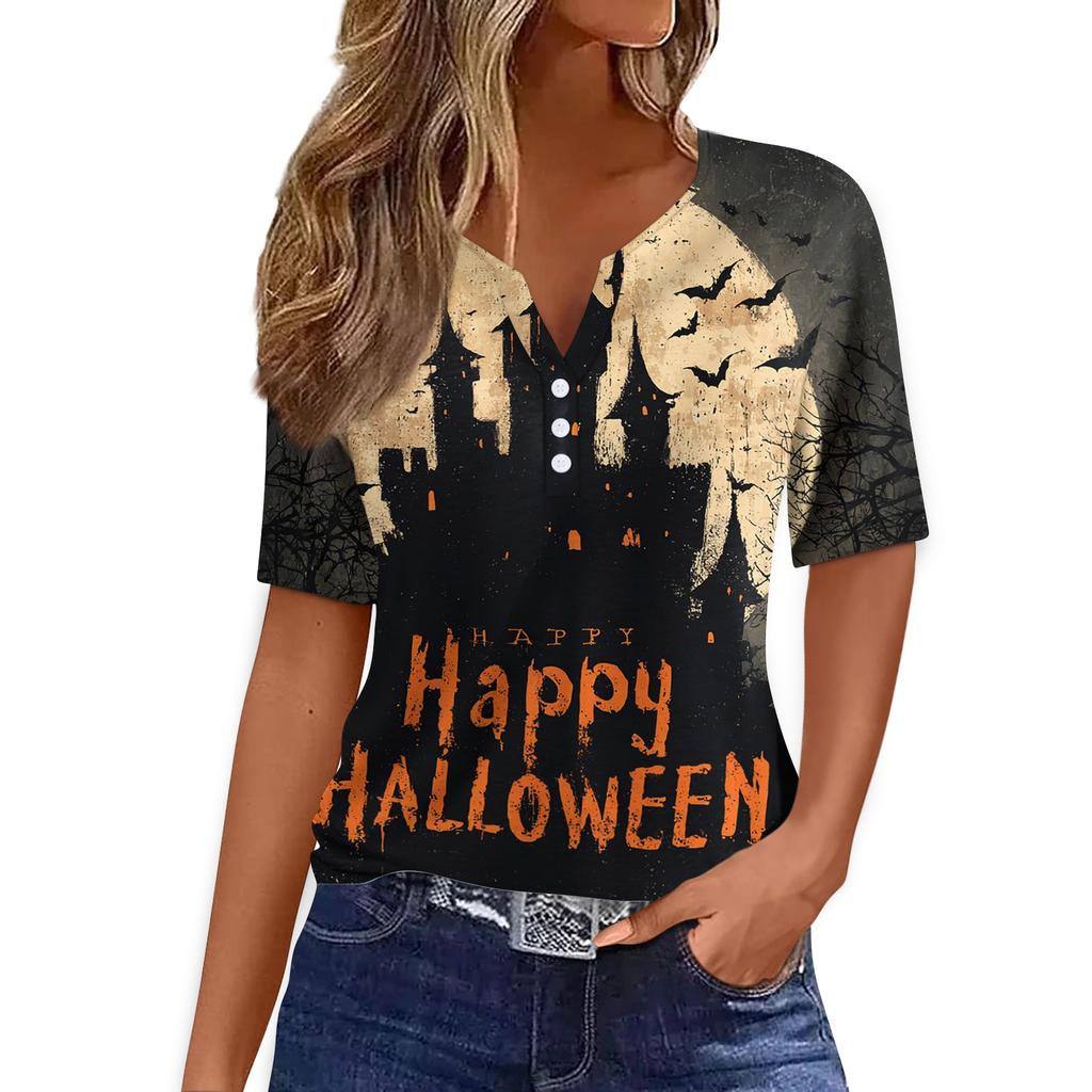 Women Casual V Neck Short Sleeve Button T Shirt Halloween Print Top Lightweight Comfortable Fit