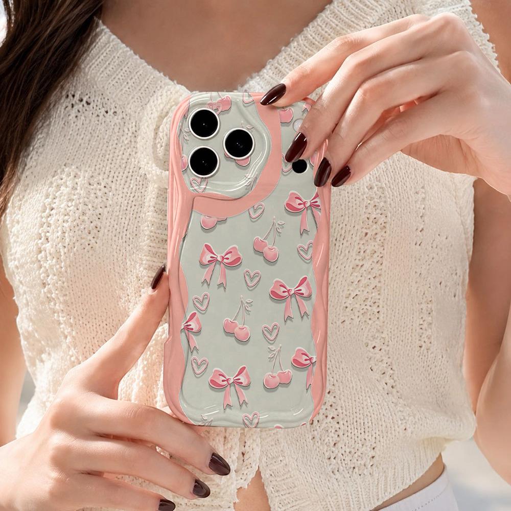 Pink Bow Cherry Heart Contrast Phone Case for iPhone 17 16 15 14 13 12 11 Pro Max Plus Wavy Edge Cute Cover