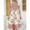 Women's Summer Flying Sleeves V-neck Dress Floral Print Stand Collar Midi Dress