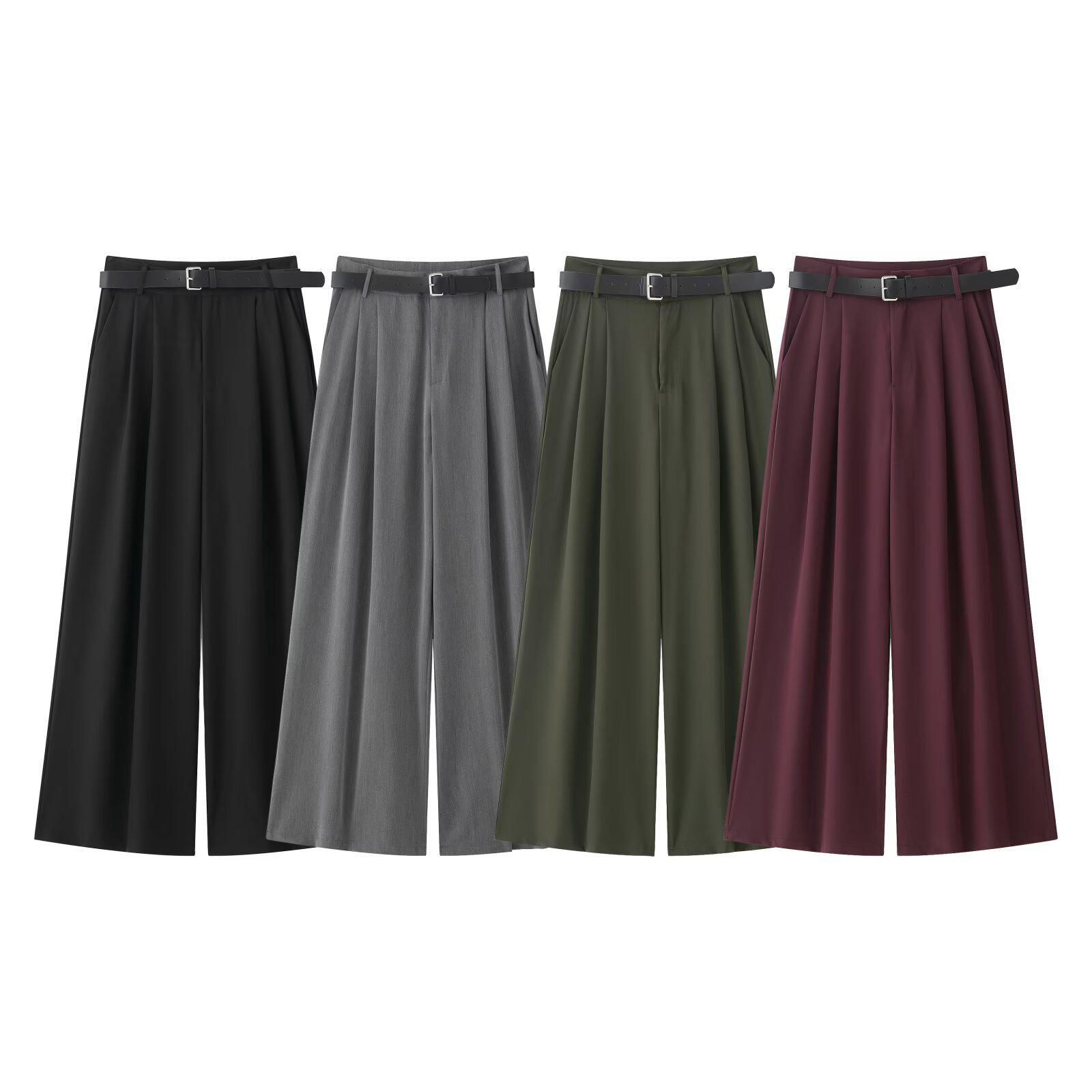 

Spring 2025 Women s Wide-Leg Pleated Pants with Belt Decor Small