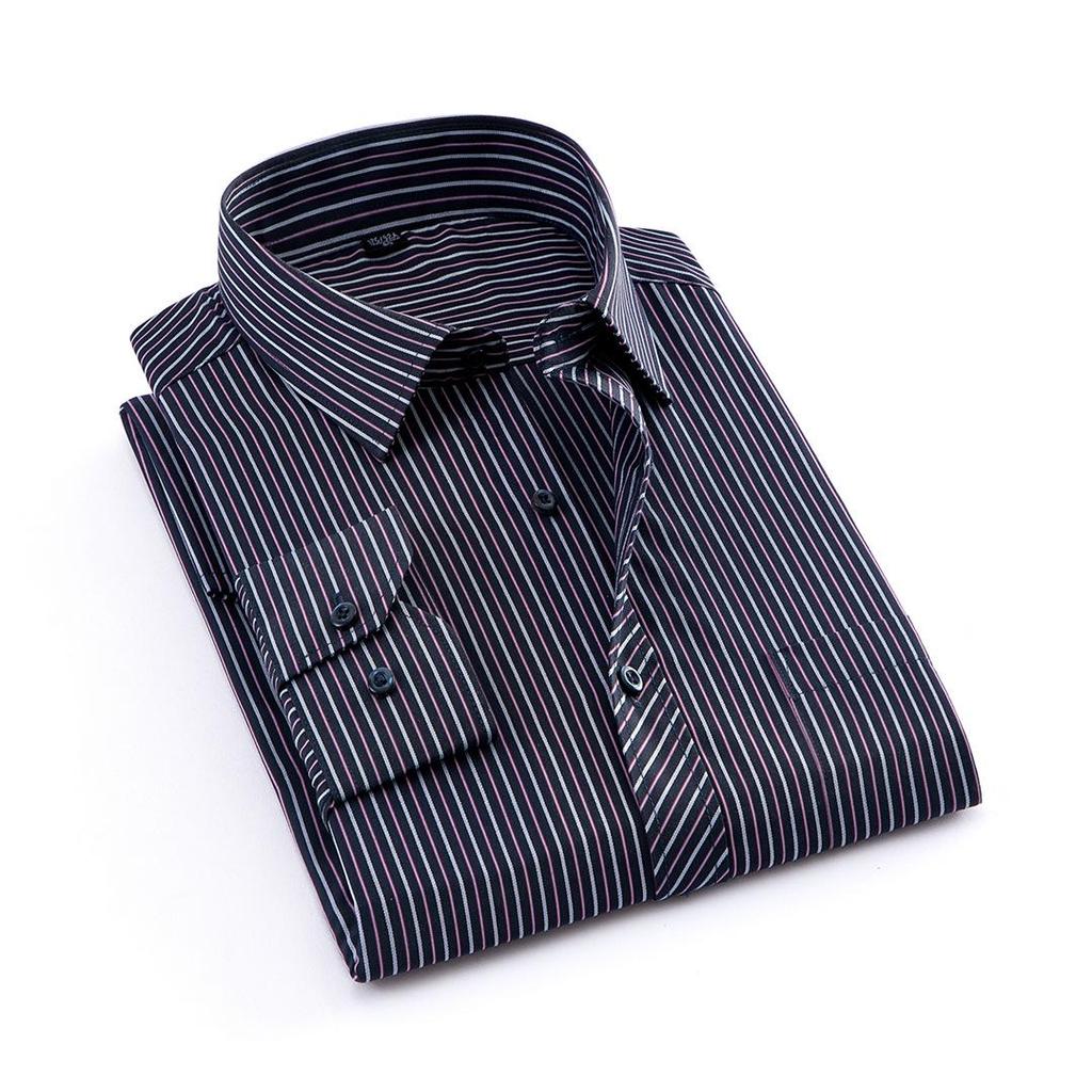 Men’s Striped Business Casual Long Sleeve Shirt, Iron-Free Slim Fit, Square Collar