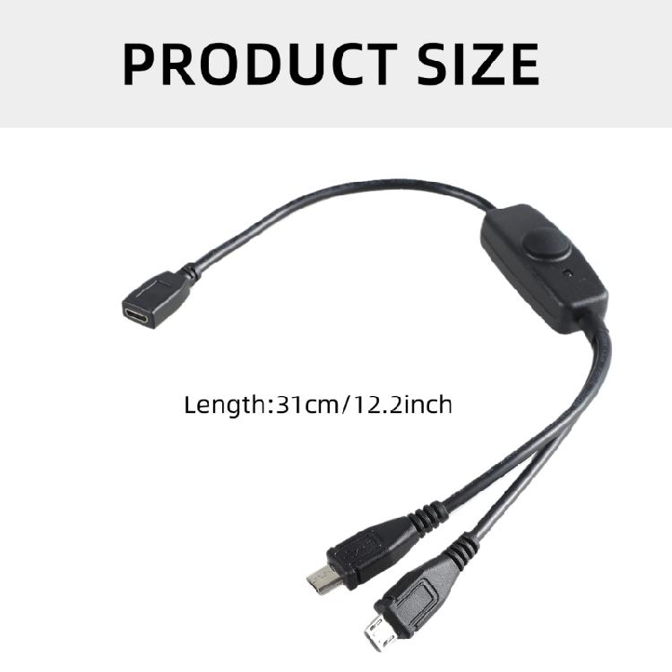 1 in 2 Out USB 5Pin Charging Cable with Integrated Switches & LED Light for 5V2A LED Lamp and Portable Electronics Black