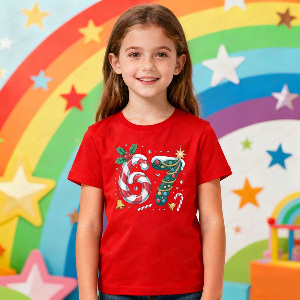Creative Design 67 Theme Series Printed Tshirt Christmas Latest Trendy Style Meme Kids Shirt Boys and Girls Fashion Xmas Tops