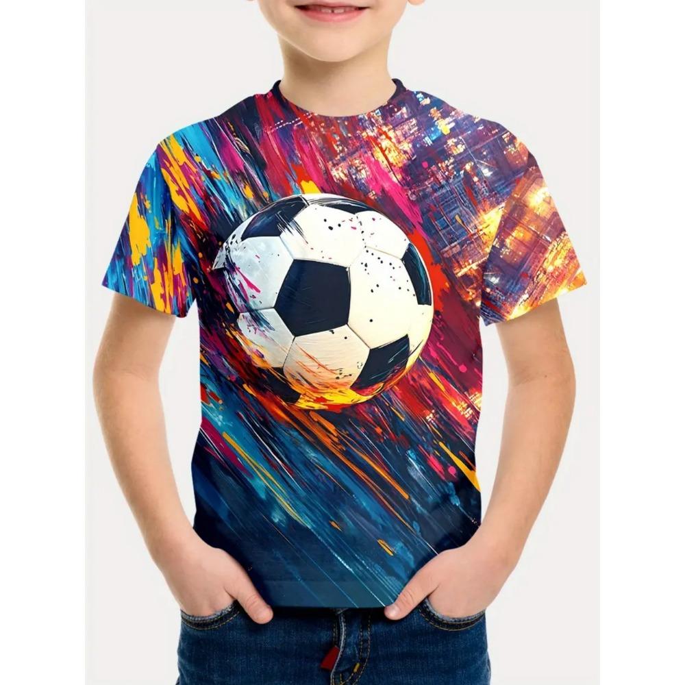 Men's T-shirt football print summer children's short sleeved T-shirt casual pullover sports boys' top outdoor breathable children's clothing
