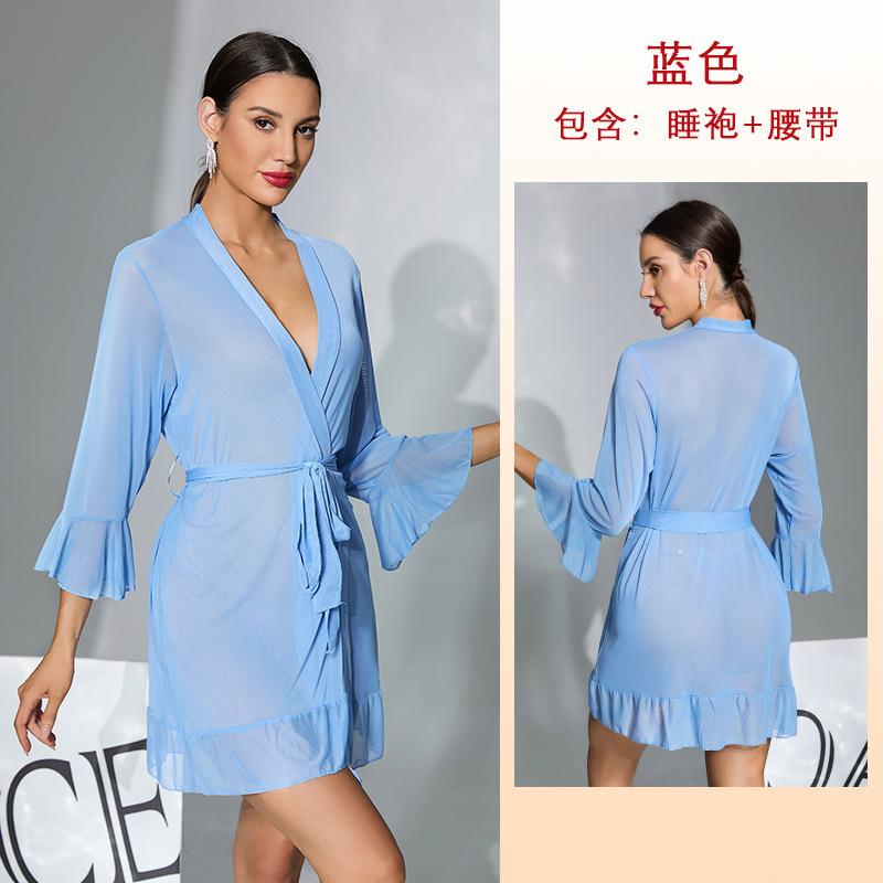 

Light Blue See Through Mesh Nightgown With V-neck Flared Sleeves And Lace Up Short Close Fitting And Sexy Home Wear L