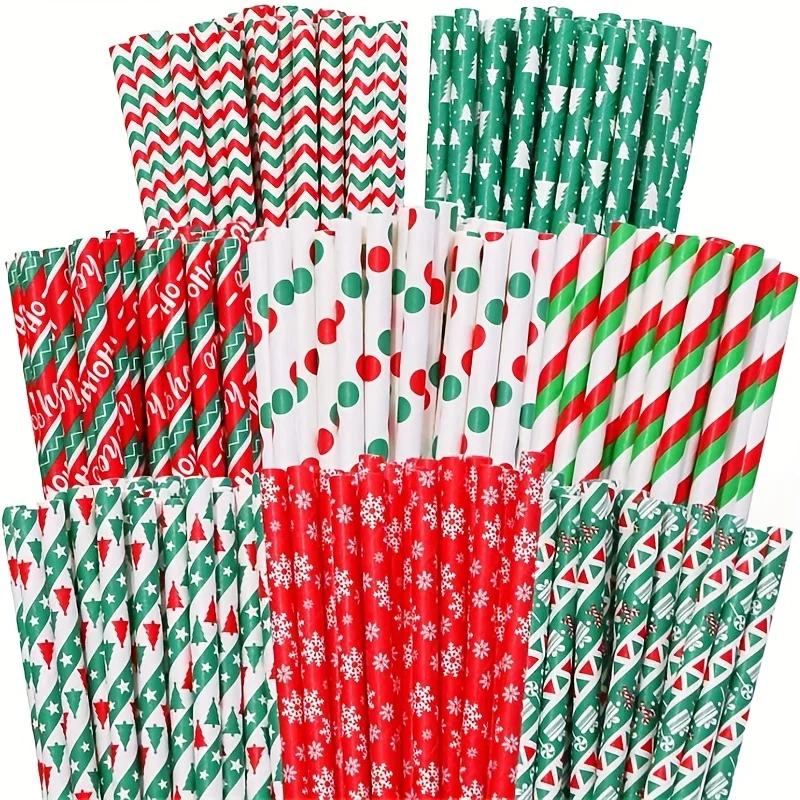 25-100Pcs Christmas Kraft Paper Straw Colorful Print Disposable Paper Drinking Straws Xmas New Year Party Home Decor Supplies