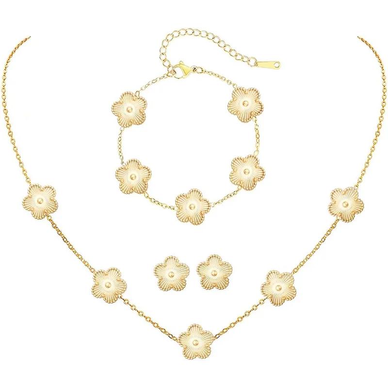 Conjunto de Joias Trevo Cor Prata para Mulheres Aço Inoxidável Hipoalergênico À Prova D'água Brincos Flor Colar Corrente Pulseira Novo