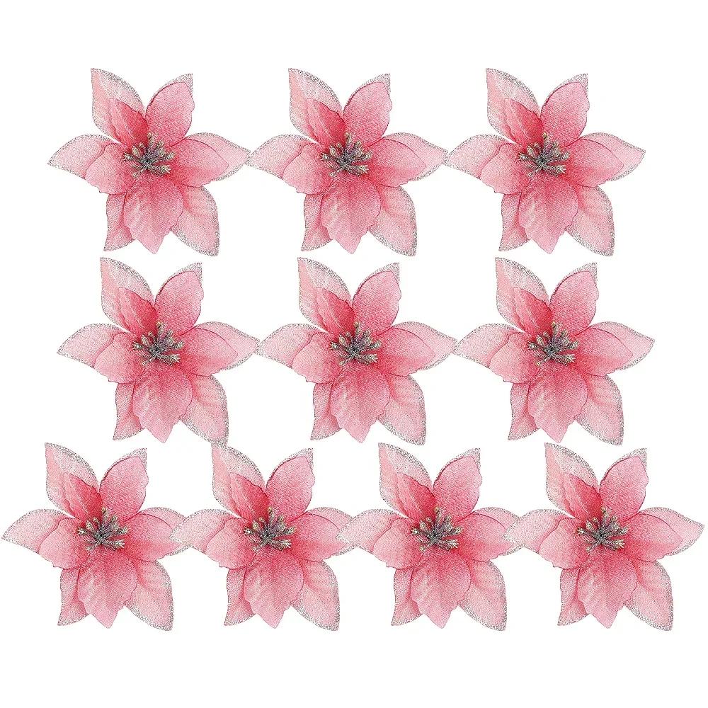 50/10PCS Red Gold Glitter Christmas Flowers Artificial Fake Flower Florals Garland Xmas Tree New Year Party Ornaments Home Decor