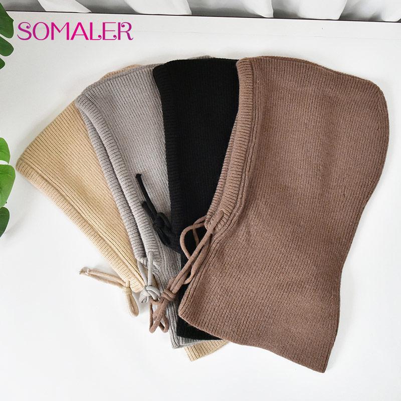 SOMALER Winterwolle, gestrickt, mit Kapuze, Acryl-Beanie-Mütze für Damen, Kopf-Ohr-Wärmer, einfarbig, verstellbare Schal-Mütze mit Seil