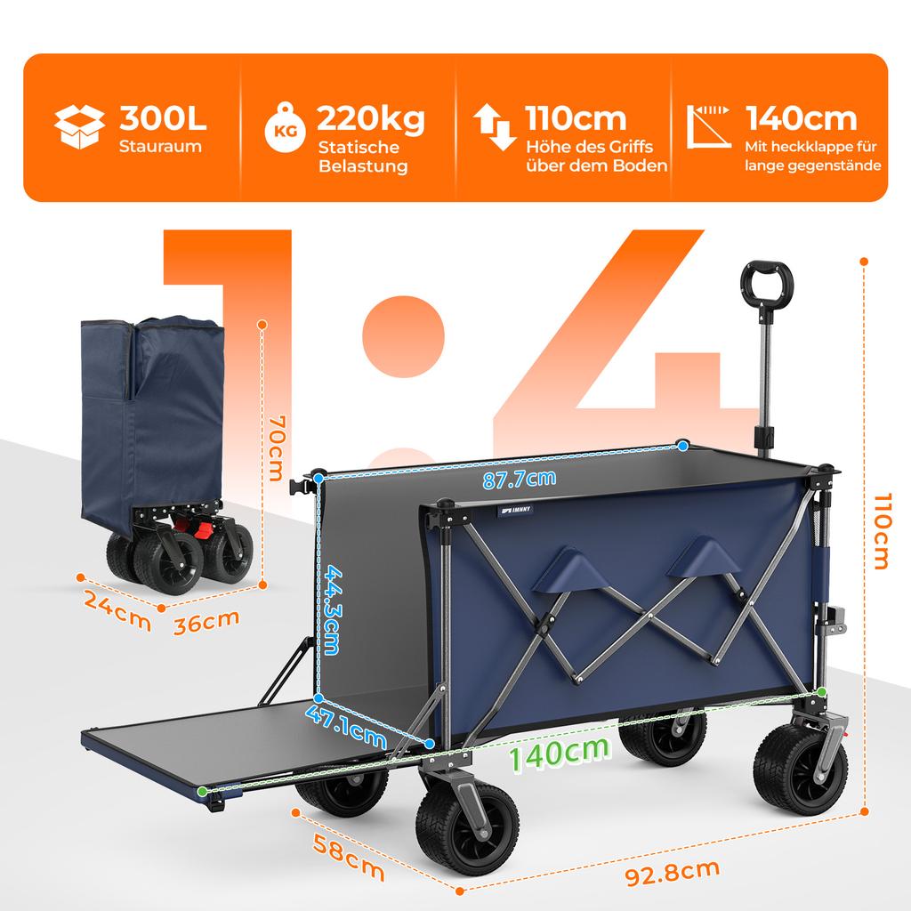 200L+100L Foldable Wagon & Tailgate, 140cm, Extra Wide 17x10 cm All-Terrain Wheels Hand Cart, Ideal for Garden, Shopping, Beach, Outdoor Use (Blue)