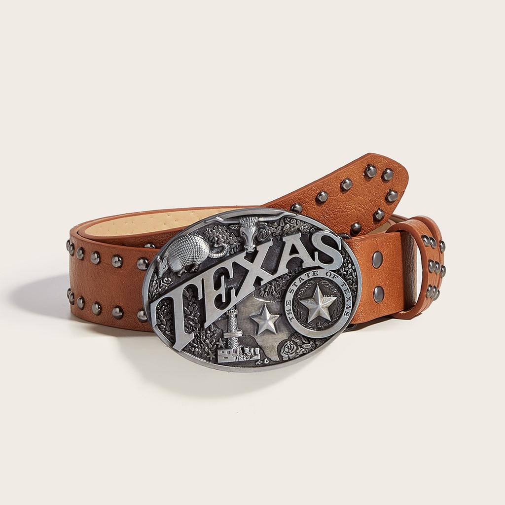 Leather Belt Punk With Hollow Rivet Decor And Letter Design Circular Buckle