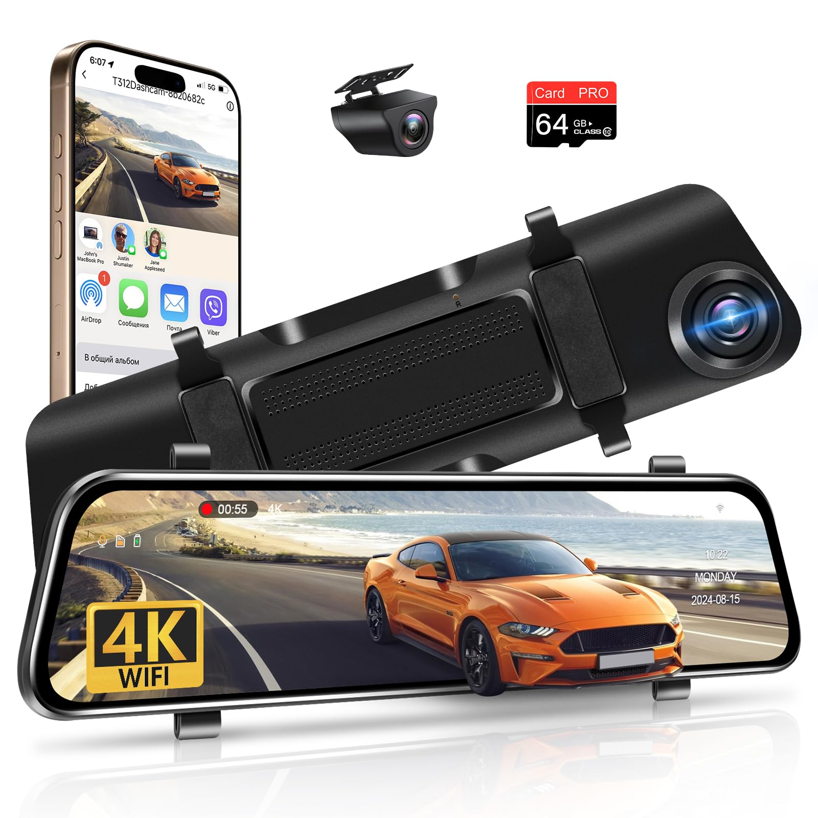 

Jansite функция 2025 зеркало заднего вида тип видеорегистратор 4K большой экран видеорегистратор зеркальный тип 2160P Видеорегистратор Передняя и задняя камеры угол