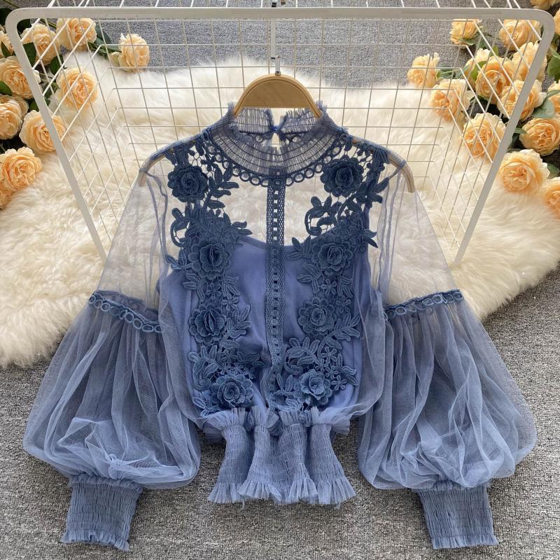 Qooth Autumn Sweet Flower Long Sleeved Lantern Sleeves Loose Lace Shirt  Mesh Top Short Shirt QT2697