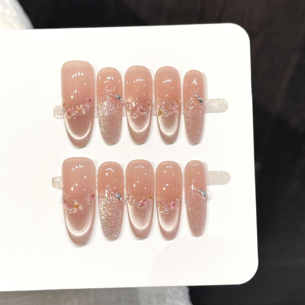 Handmade Press On Nail French Sparkling Gentle Nude Gradient Cat Eye Fresh Flowers Diamond Sequins Long Oval Fake Nail Patch Artificial Nail Reusable XS