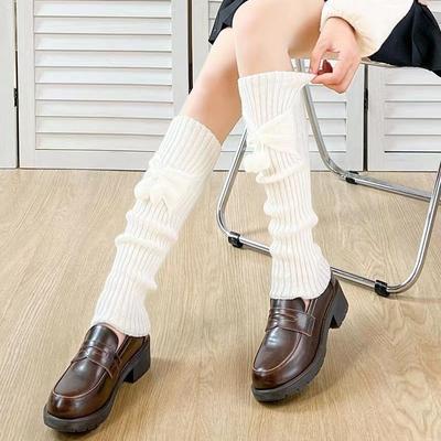 Japanese Style Girl's Winter Warm Leg Sleeves with Bow and Pompom Ladies' All Match Cute Uniform Slouchy Socks Knitted Woolen Leg Warmers