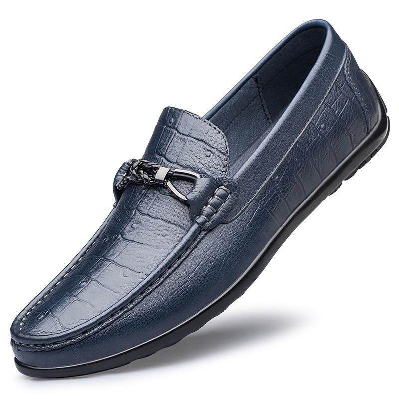 Men's Shoes Driving Shoes Spring Low-top Foot Cover Flat-bottom Fashion Embossed Plaid Cowhide Surface Large Size Single Shoes Leather Shoes