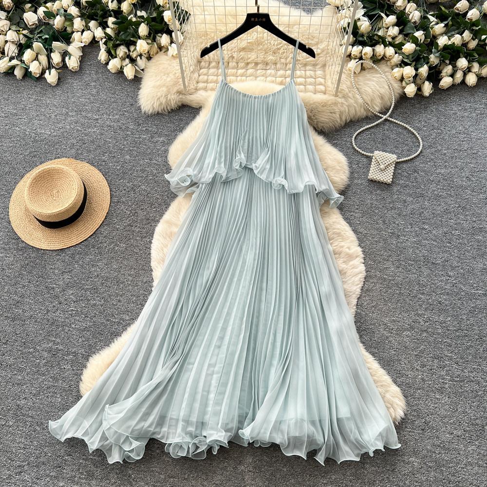 Holiday Wind Light Blue Suspender Sleeveless Dress Women's Summer Ruffle Edge High Waist Thin Pleated Fairy Long Dress