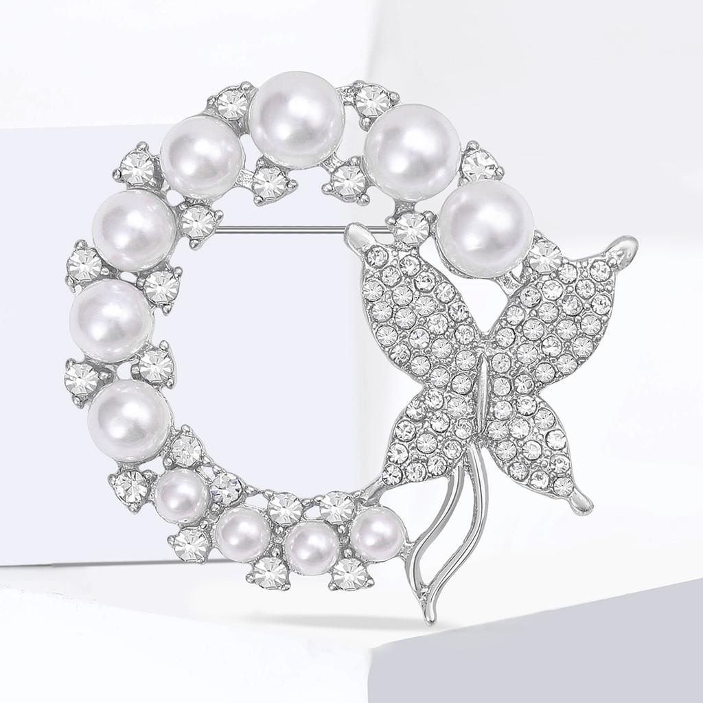 Stylish Pearl Bow Brooches for Women Unisex Rhinestone Round Pins Friend Event Party New Gifts Jewelry Decoration Accessories