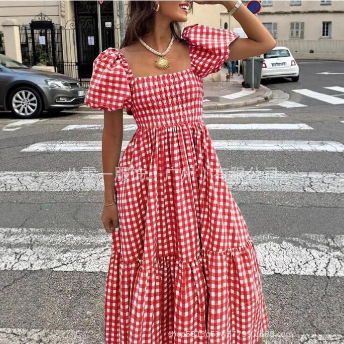 Women's Square Neck Gingham Midi Dress Puff Short Sleeve Elastic Waist Ruffled Hem Summer Beach Long Dress