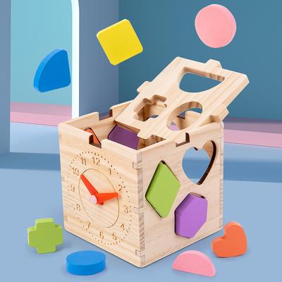 Dřevěné hodiny s geometrickými tvary, krabička inteligence, puzzle pro předškolní vzdělávání, kognitivní stavební bloky, dětské hračky