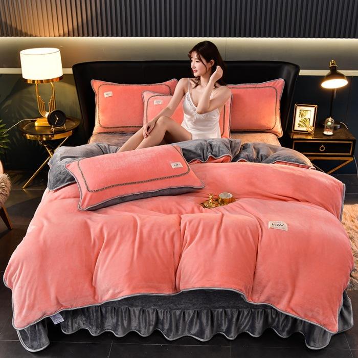 Solid color milk fleece four-piece set, winter thickened warm student dormitory bed sheet four-piece set