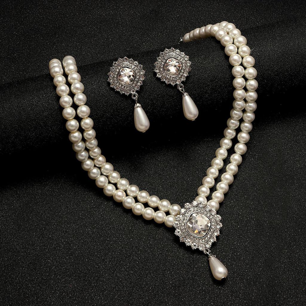 European-American French Style Beaded Choker Necklace with Imitation Pearl and Rhinestone Square Fashion Collar Jewelry Set