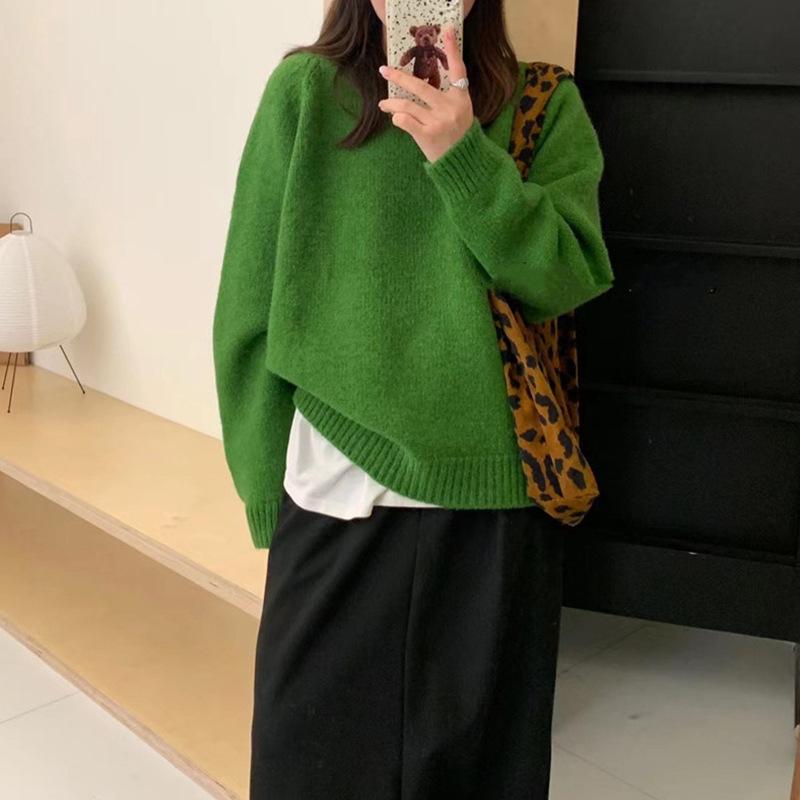 Women's Autumn Winter Loose Thick Sweater Tops Female O-neck Knitted Tops Ladies Solid Color Warm Pullovers