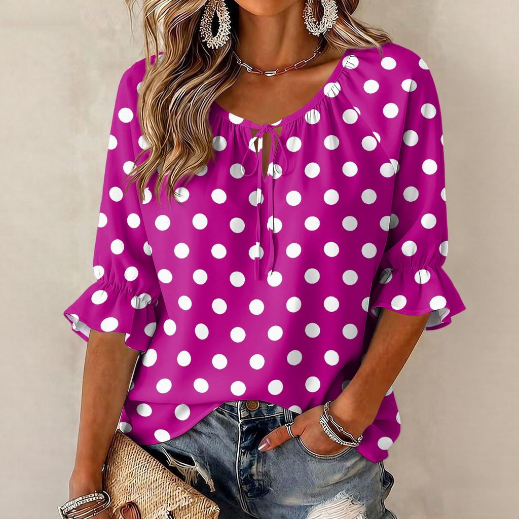 Women's Round Neck Polka Dot Blouse with Tie Front and Ruffle Hem 3/4 Sleeve