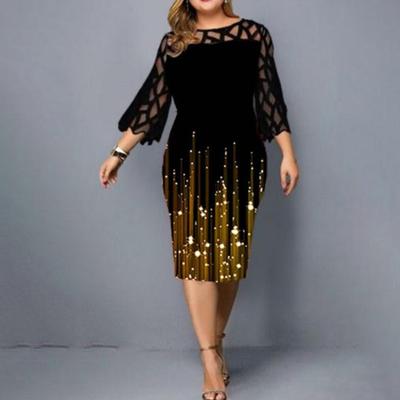 Women Prom Dress Lace Crew Neck Printed See-through Three Quarter Sleeves Dress-up Elegant Vintage Plus Size Autumn Dress for Banquet