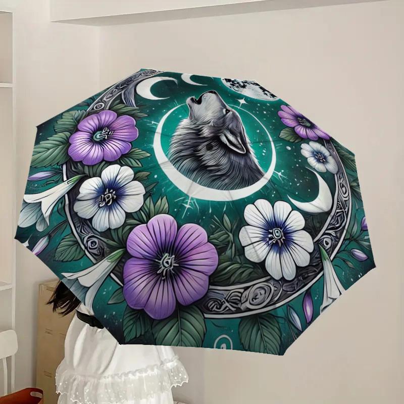 1pc Wolf Moon Floral Mandala Umbrella with Plastic Handle,Suitable for All Seasons Home Travel Outdoor UmbrellaDD1622