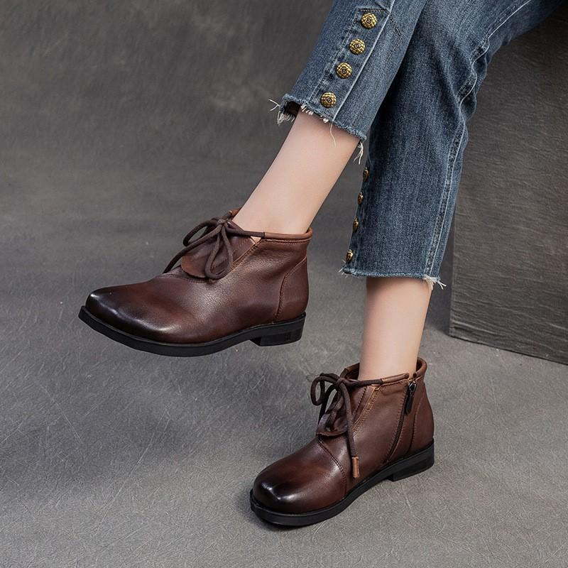 Johnature Retro Versatile Flat Short Boots Comfortable Commuting Casual Genuine Leather Women's Shoes