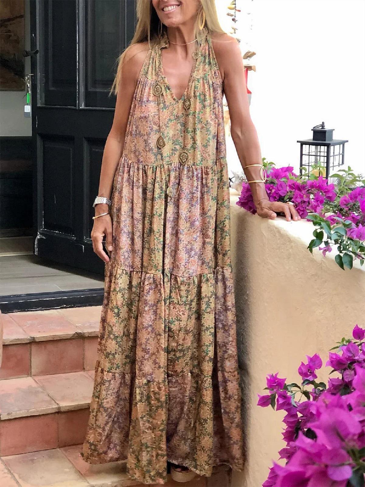 New women s clothing European and American summer v-neck sleeveless printed dress S хаки